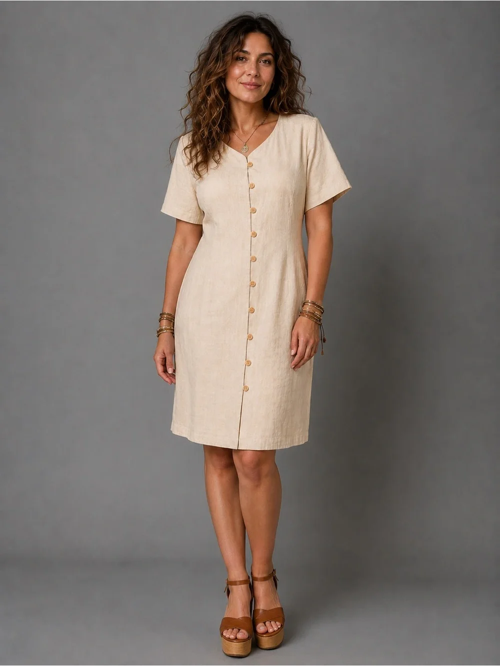 Vintage NY Sake linen button front dress. Vintage 80s- light shoulder pads- 12